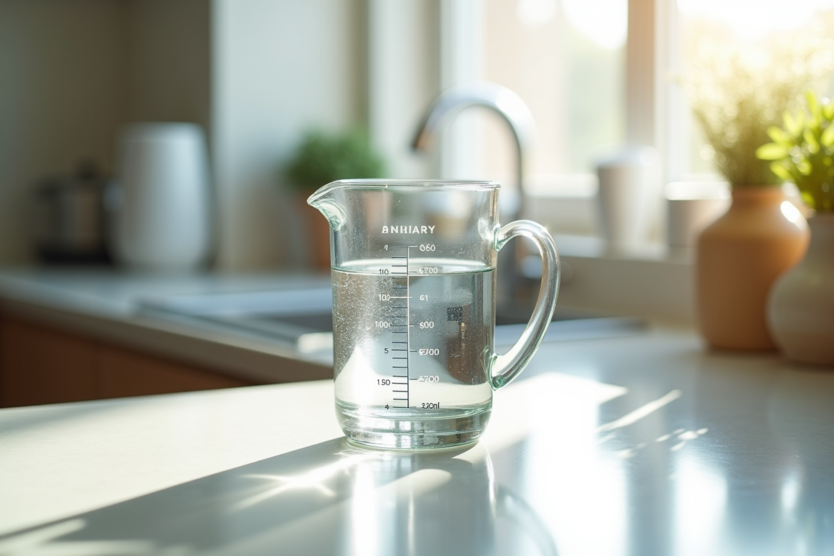 Verre mesureur d'eau de 150 ml sur un plan de cuisine