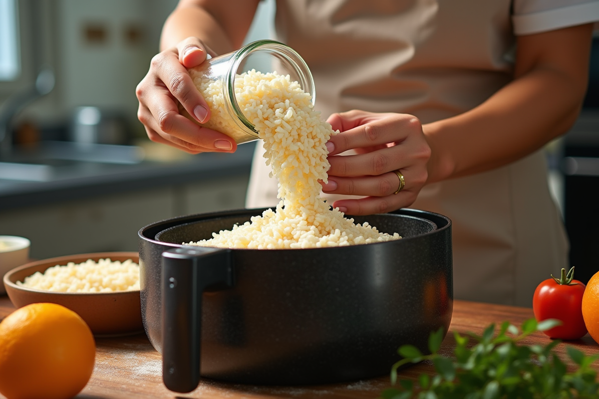 Main versant du riz non cuit dans le panier de l