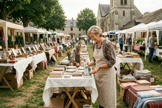 Femme vendant des objets anciens sur un vide grenier en plein air dans l'Orne, ambiance chaleureuse et conviviale