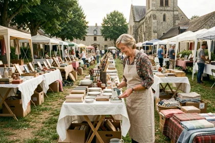 Femme vendant des objets anciens sur un vide grenier en plein air dans l'Orne, ambiance chaleureuse et conviviale