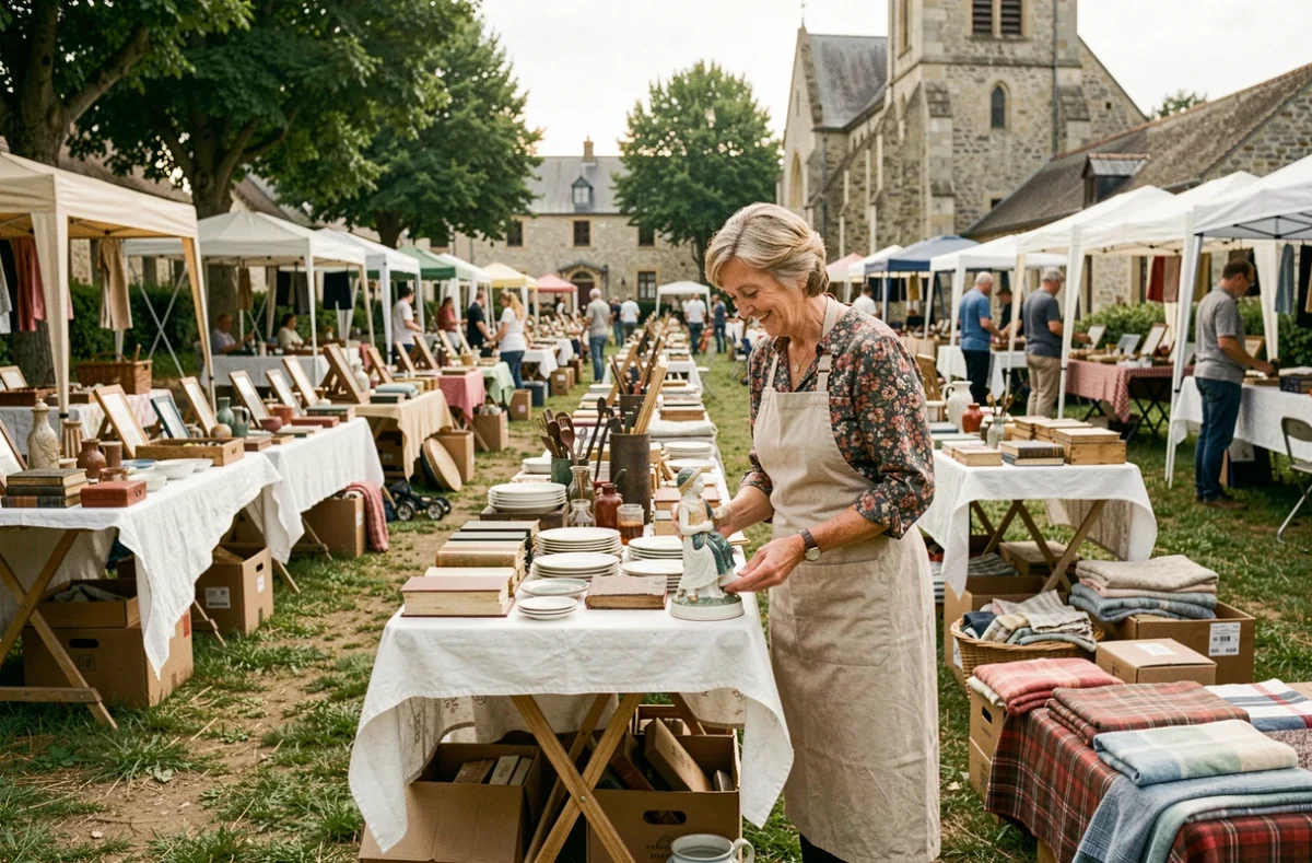 Femme vendant des objets anciens sur un vide grenier en plein air dans l'Orne, ambiance chaleureuse et conviviale