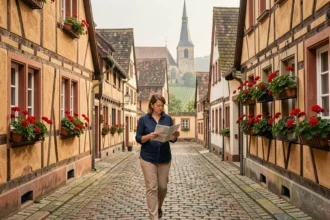 Femme se promenant dans une rue pittoresque d'un village alsacien avec maisons à colombages et géraniums colorés