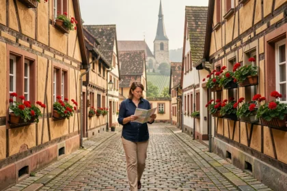 Femme se promenant dans une rue pittoresque d'un village alsacien avec maisons à colombages et géraniums colorés