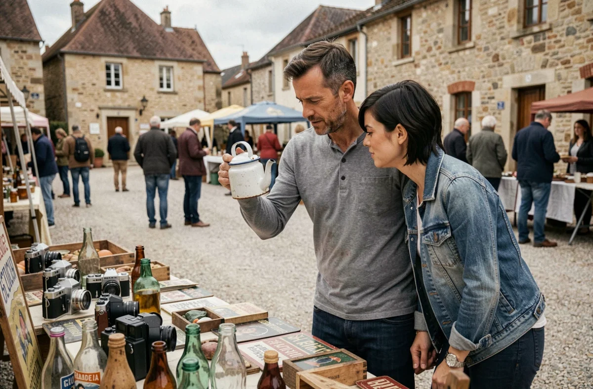 Couple de visiteurs inspectant une cafetière émaillée ancienne sur un vide grenier dans un village de l'Orne