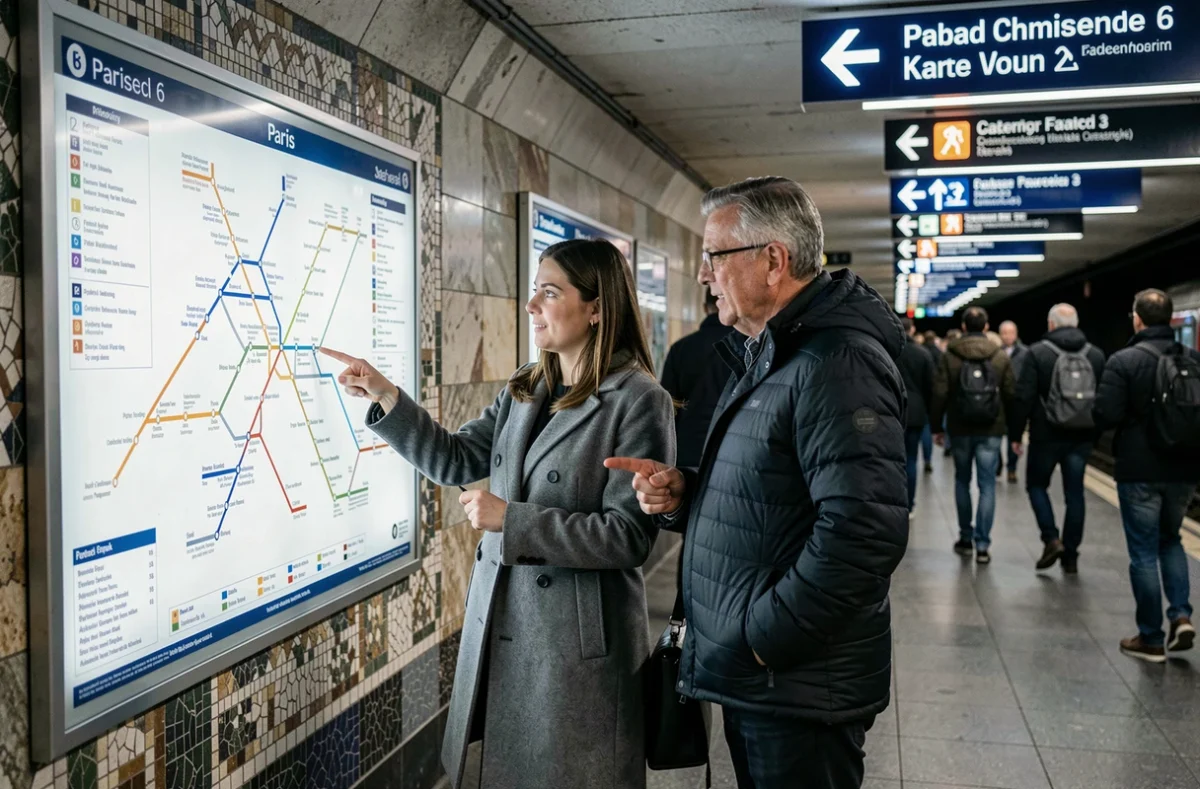 Deux voyageurs étudiant ensemble le schéma du réseau métro ligne 6 pour éviter les correspondances dans une station parisienne