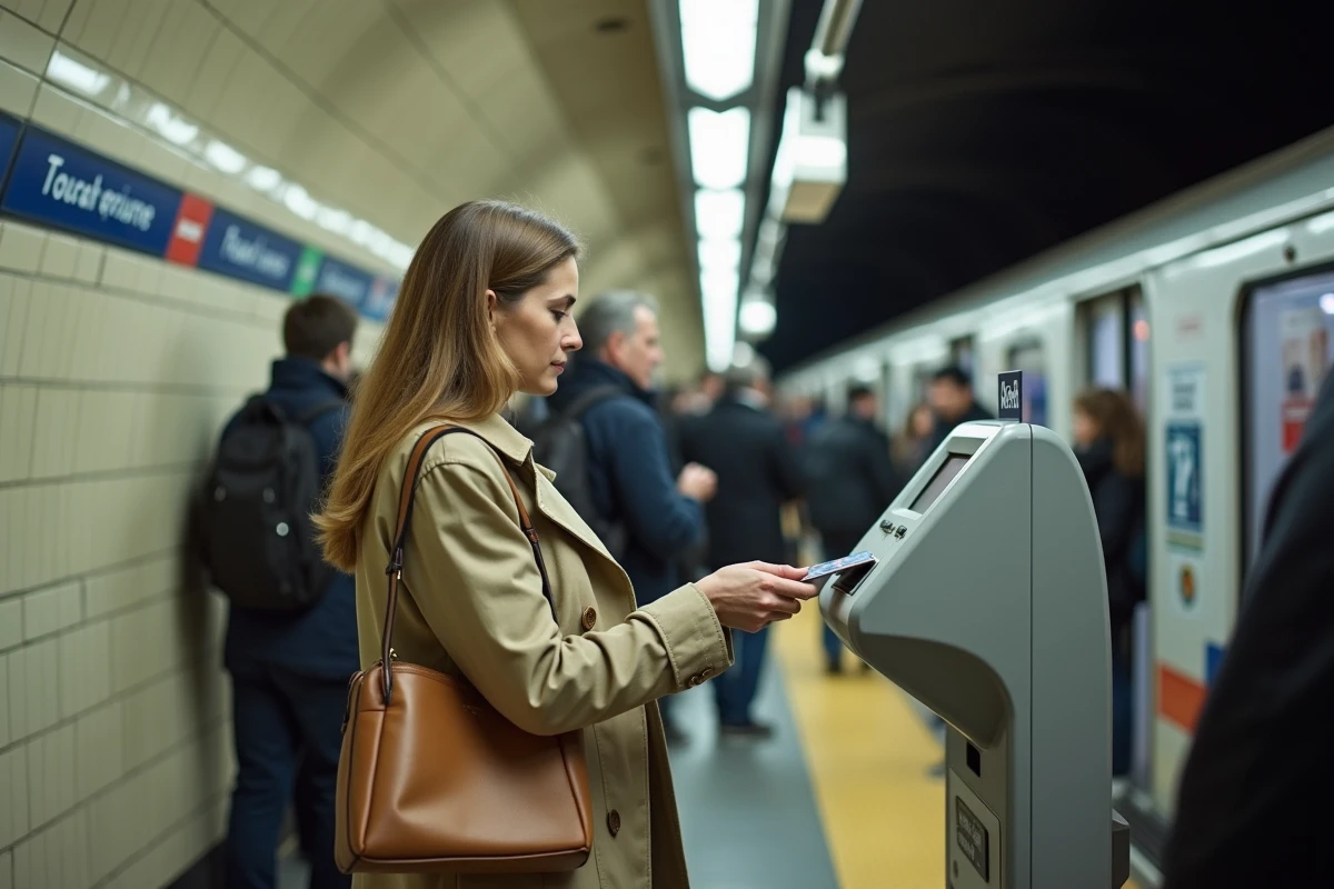 Voyageuse parisienne scannant sa carte Navigo dans le métro, illustration des nouvelles zones tarifaires 2026