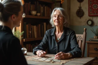 Voyante professionnelle en consultation avec des cartes de tarot et une boule de cristal sur une table en bois ancienne