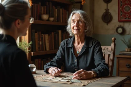 Voyante professionnelle en consultation avec des cartes de tarot et une boule de cristal sur une table en bois ancienne