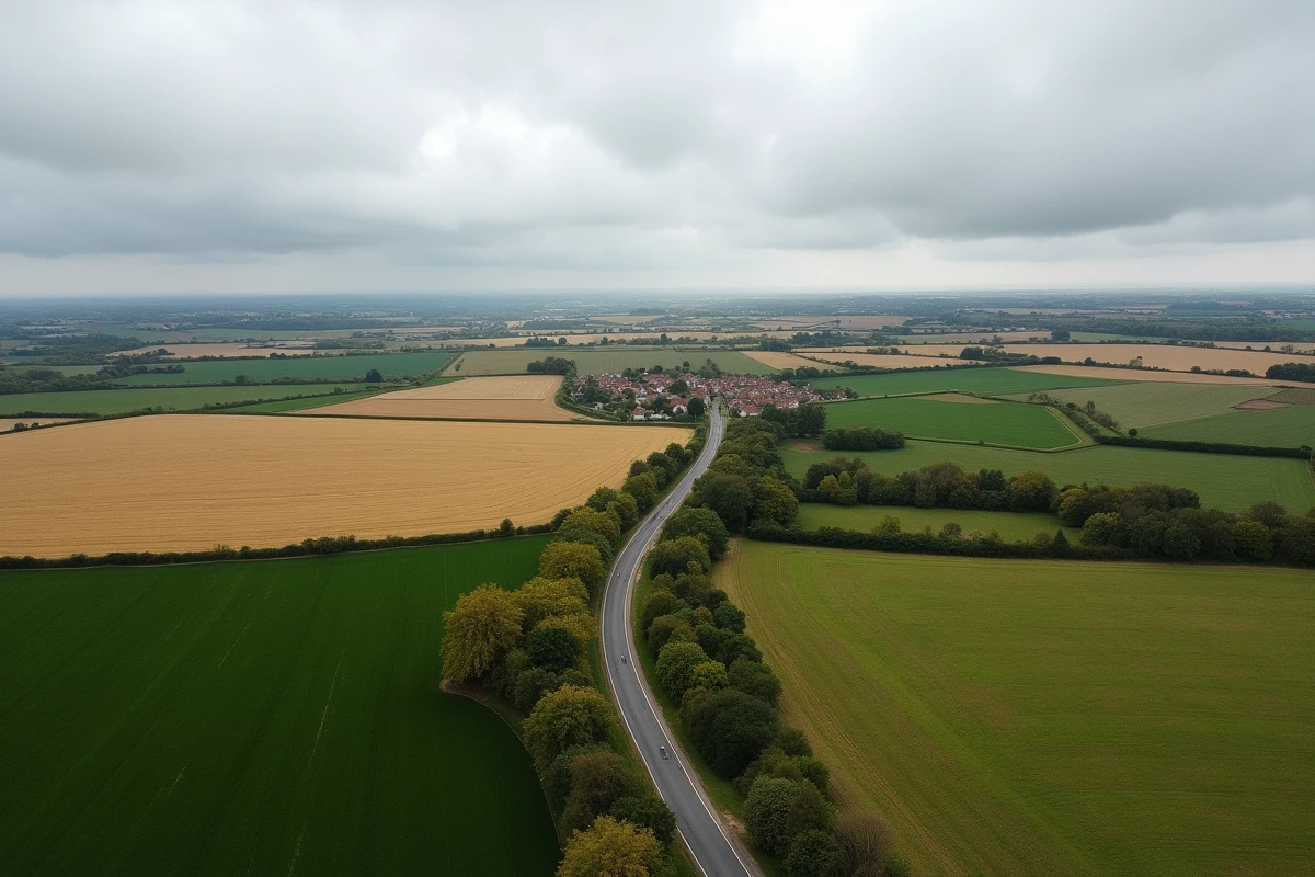 Vue aérienne du bocage normand avec villages et parcelles agricoles illustrant la superficie de la Normandie