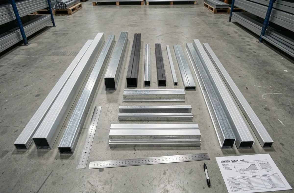 Vue aérienne de profilés rectangulaires en aluminium et en acier de différentes sections disposés sur le sol d'un entrepôt de métallurgie